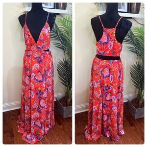 EXPRESS Floral Spaghetti Strap Racer Back Red Maxi Dress w/ Waist Cutout Medium